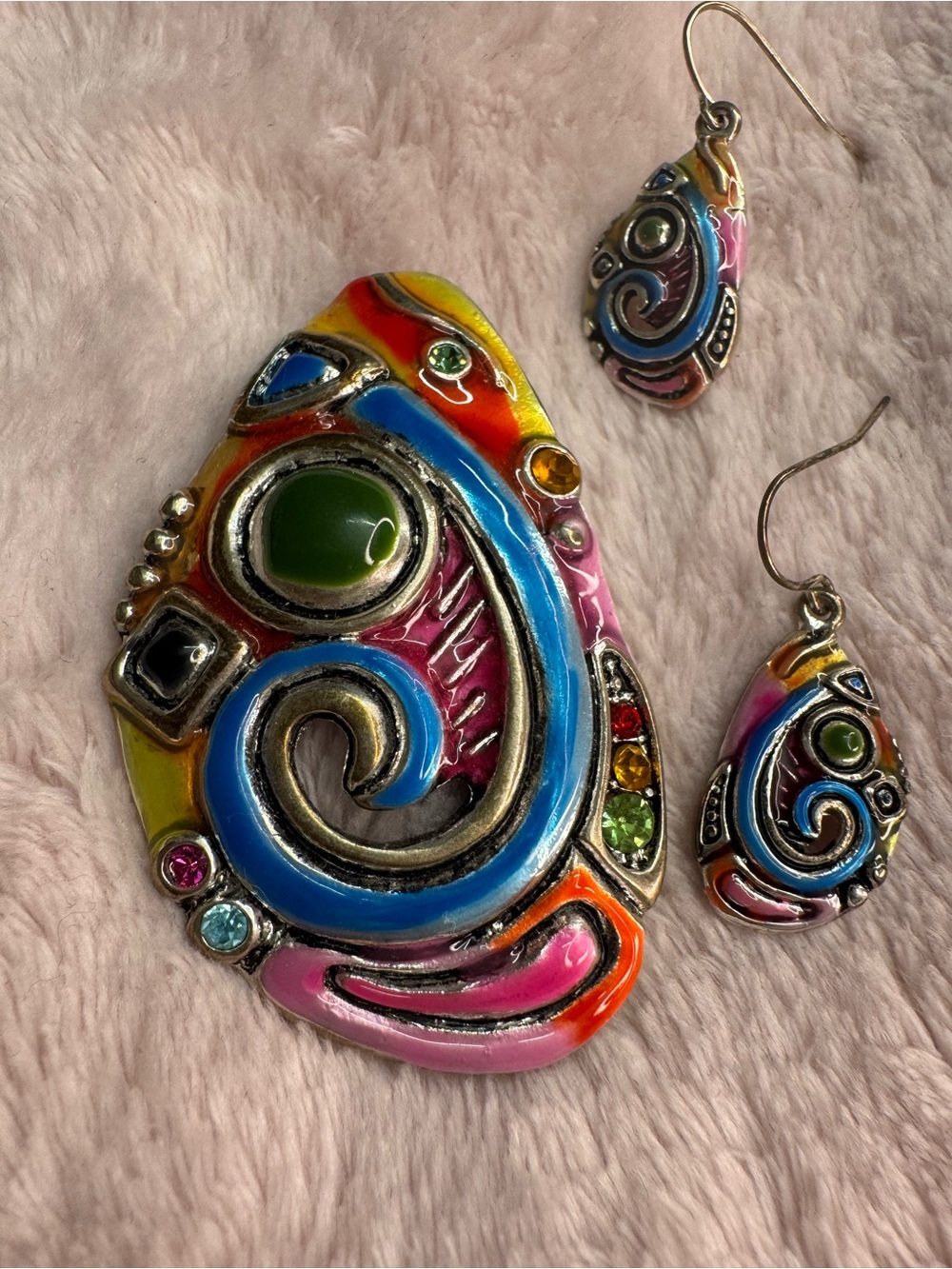 Multicolor Enamel Swirl Brooch with Matching Earrings - Vibrant Color Accent